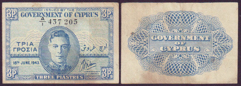 1943 Cyprus 3 Piastres L000879